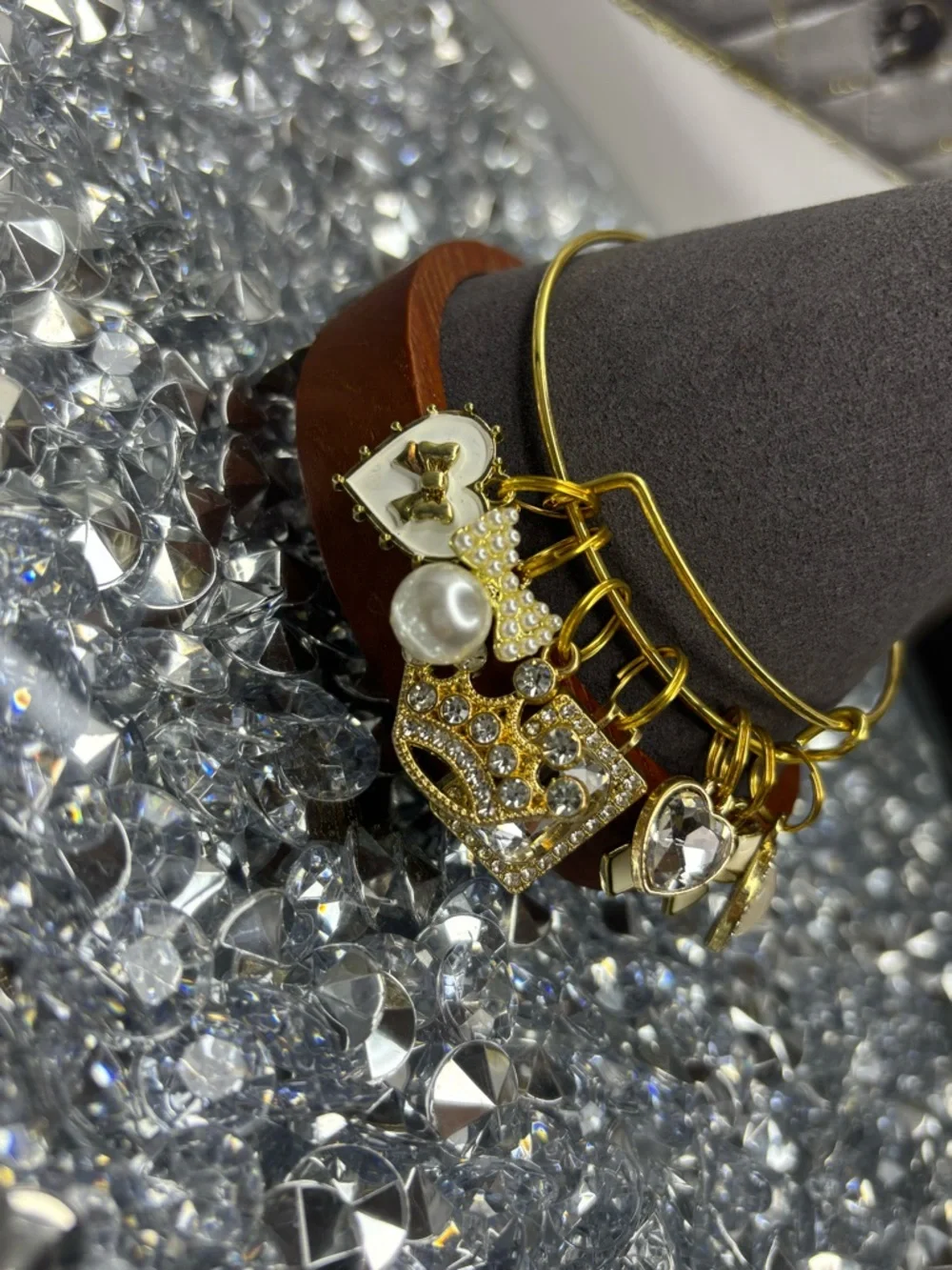 Gold Tone Charm Bangle Bracelet with Crystal & Pearl Accents - Picture 3 of 7